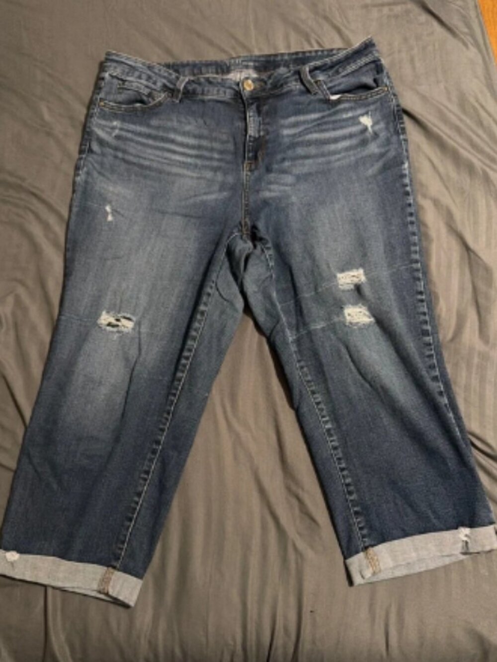 Womens Distressed Cuffed Dark Wash Jeans Blue